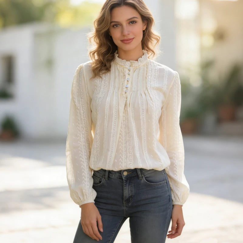 Spring Summer Vintage Lace Embroidered Blouse for