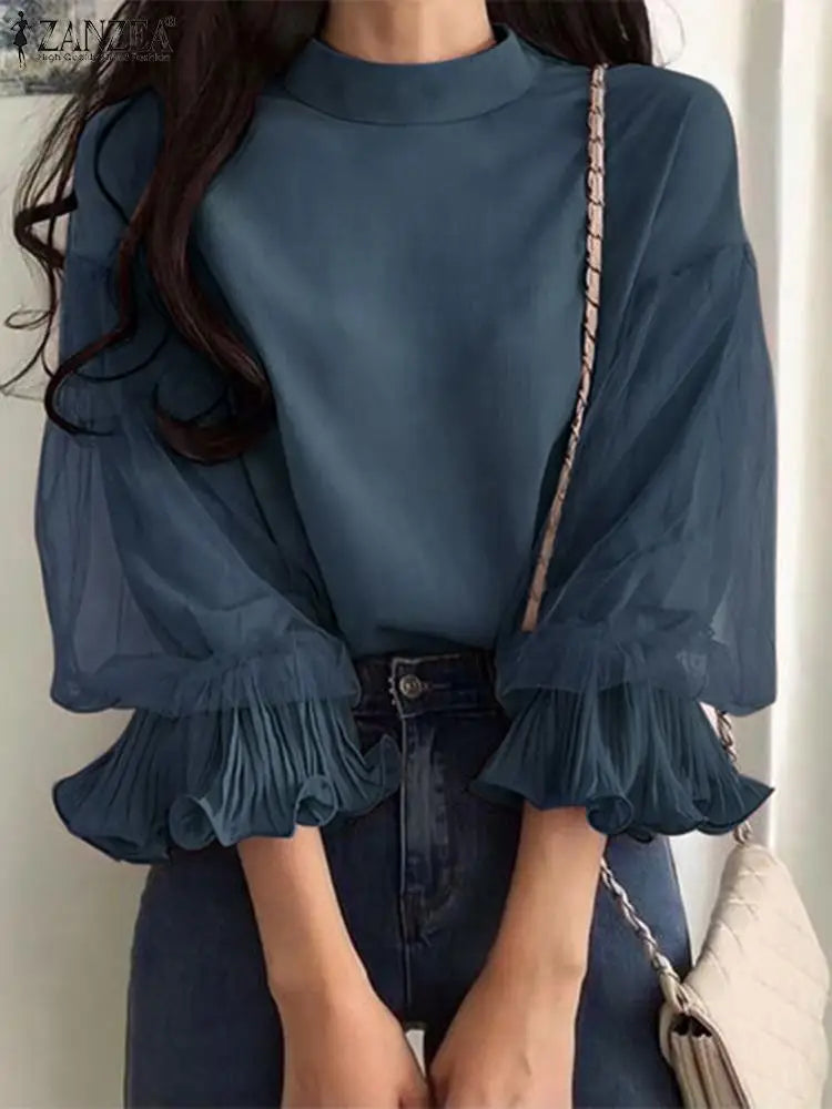 ZANZEA Women Elegant Party Blouse Vintage Mesh