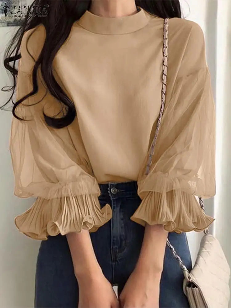 ZANZEA Women Elegant Party Blouse Vintage Mesh